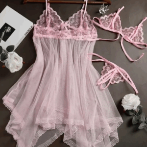 Pink Piece Lace Floral Dress, Bra and Panty