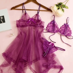 Purple 2 Piece Lace Floral Dress, Bra and Panty