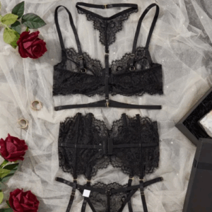Lace See through Sexy leg strap Lingerie 3 Piece set Black