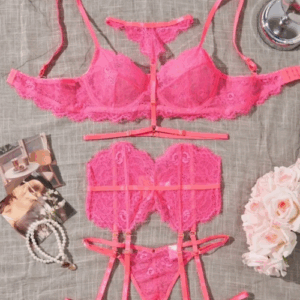 Lace See through Sexy leg strap Lingerie 3 Piece set Pink