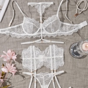 Lace See through Sexy leg strap Lingerie 3 Piece set white